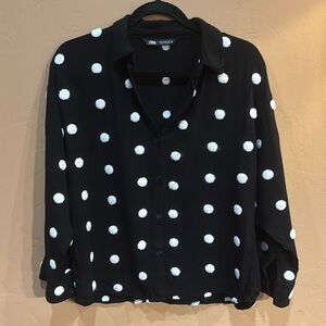 ZARA Button Down with raised white knit polka dots